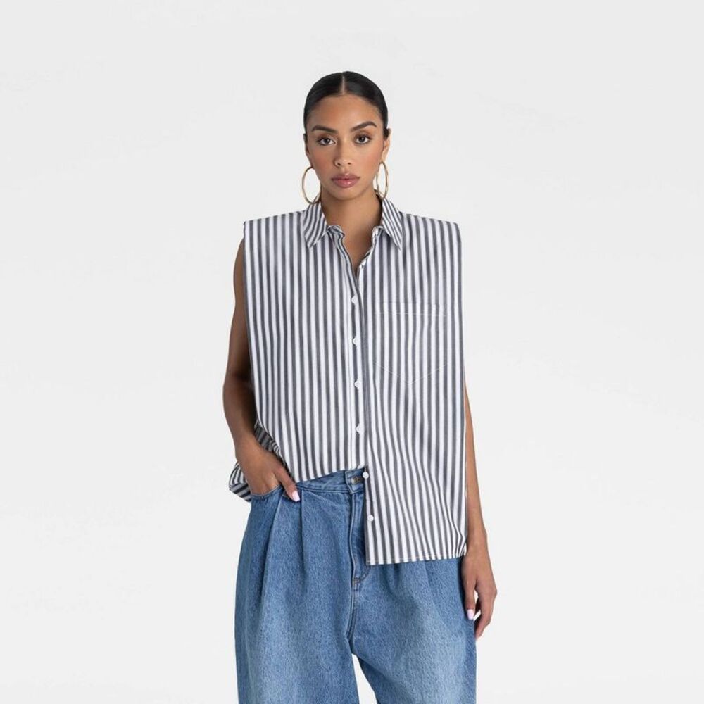Sleeveless Vertical Stripe Button-Up Tunic Top - Black/White